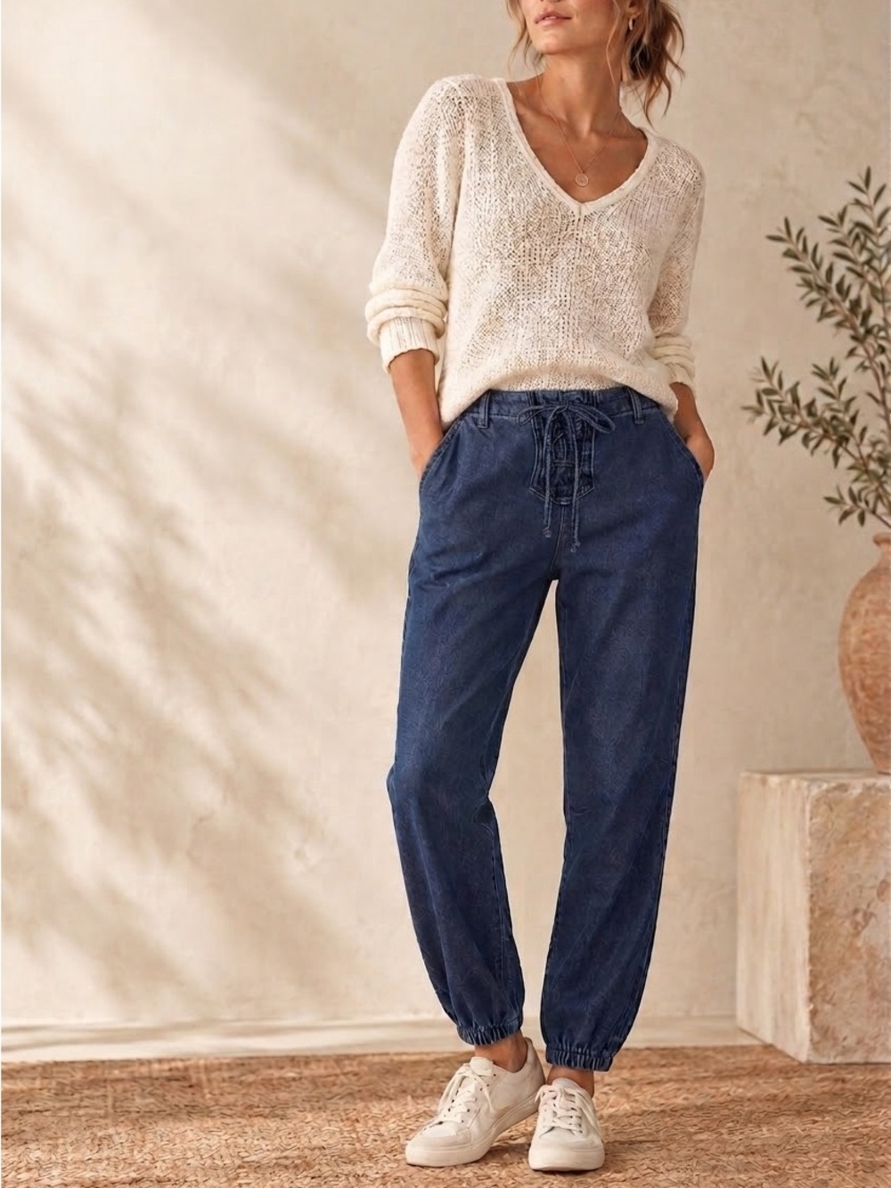 Cloth & Stone Blue Denim Lace-Up Joggers Medium